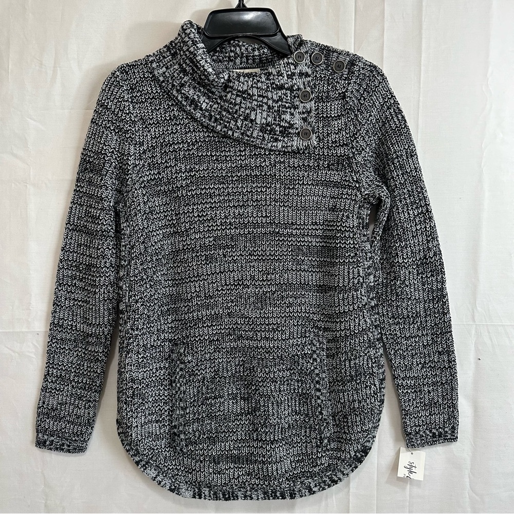 Style & Co Womens Cowl Neck with Buttons Curved Hem Sweater Black Grey Petite S